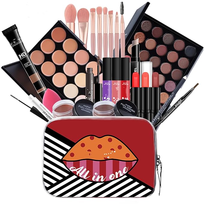 MAEPEOR All In One Makeup Kit for Girls Women 27 Piece Full Makeup Gift Set with Eyebrow Pencil Eyeliner Eyeshadow Palette Mascara Foundation Concealer Lip Gloss Lipstick Makeup Remover Makeup Brush (POP004B)
