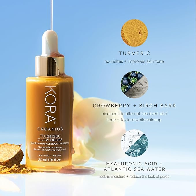 KORA Organics Turmeric Glow Drops, Niacinamide Alternative Face Serum for Radiance, Texture and Pore Appearance, Certified Organic, Vegan, 0.34 fl oz