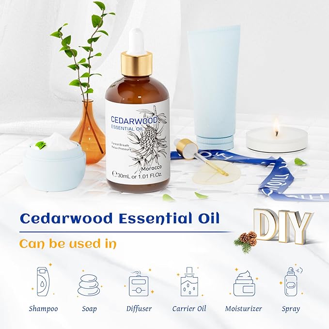 HIQILI 1 Fl Oz Cedarwood Essential Oil, Pure Natural Cedarwood Oil for Hair, Diffuser, Aromatherapy - 30ML