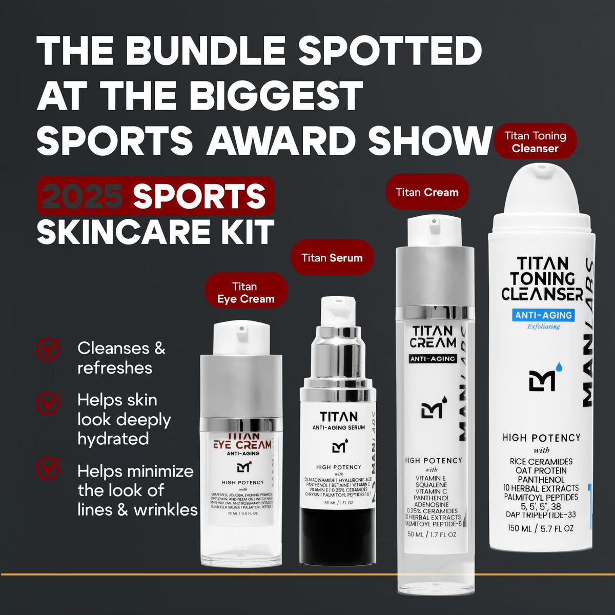 Titan Sports Anti-Aging Mens Skin Care Kit – Cleanser, Face Serum, Eye Cream, Face Moisturizer – Men, Skin Care Set – Dark Circles, Wrinkles, Fine Lines – Vitamin C, Niacinamide, HA–Unscented