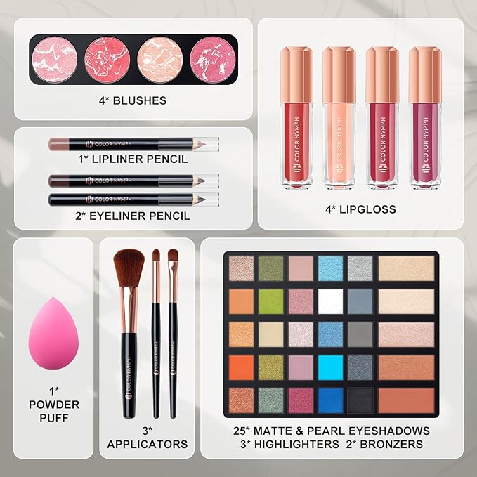 Makeup Kit for Women,All in One Makeup Gift Set for Girls in Cosmetic Train Case (Gold) With Mirror,Full Starter Cosmetic Kit Includes Eyeshadow Palette,Lipgloss,Blushes