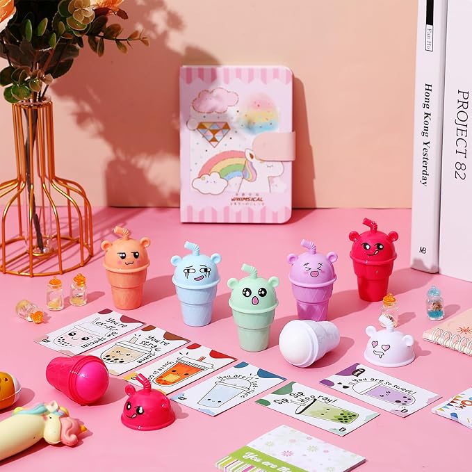 24 Sets Milk Tea Shaped Cute Lip Balm Fruit Flavored Lip Balm with Milk Tea Theme Gift Cards Milk Tea Boba Lover Birthday Baby Shower Party Inspirational Gifts Favors for Girls Kids Women