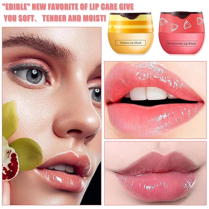 2 PCS Bee Lip Balm Honey Pot,Honey&Watermelon Lip Mask Overnight Moisturizing Prevention Dry and Cracked Lip Scrubs Exfoliator Lip Care,Lip Sleeping Mask Reduces Lip Lines