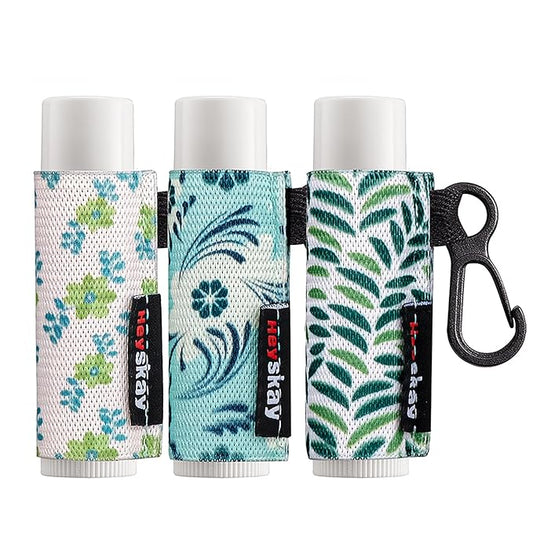 3PCS Lip Balm Holder Lip Gloss Sleeves Keychain Lipstick Holder Keychain Chapstick Elastic Sleeves Bulk(Green Print Flower X3)