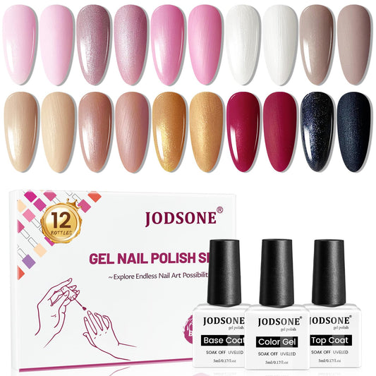 JODSONE 10 Color Gel Nail Polish Set with Base Coat and Top Coat Great DIY Salon Home Gift