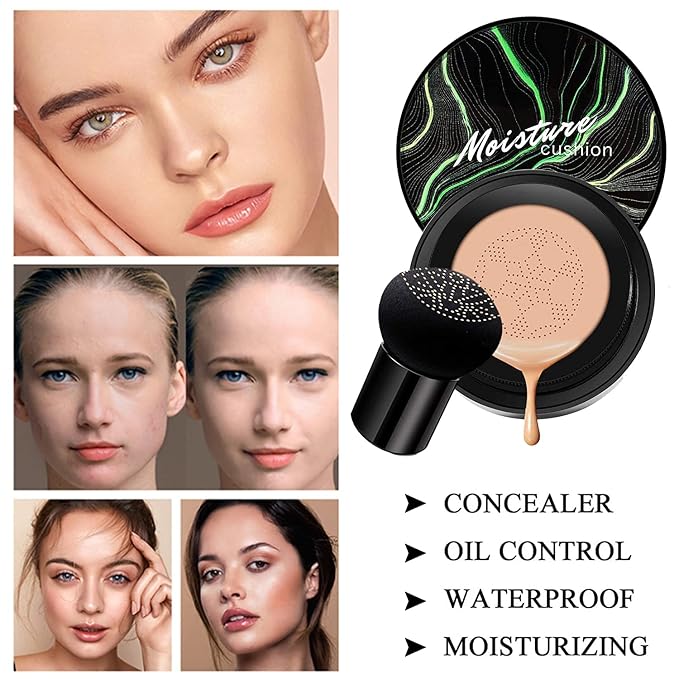 Mushroom Head Air Cushion CC Cream Natural Foundation,Phoera Powder, Bright Makeup Base Long Lasting with Makeup Sponge and Flat Top Kabuki Foundation Brush (#05 Sand)
