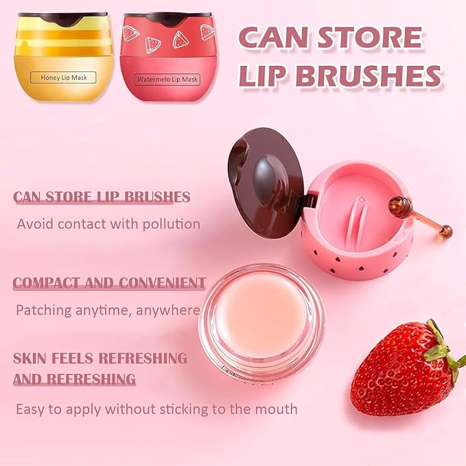 2 PCS Bee Lip Balm Honey Pot, Honey & Watermelon Lip Sleeping Masks Overnight, Hydrating Prevention Dry and Cracked Lip Scrubs Exfoliator Lip Care, Reduces Lip Lines