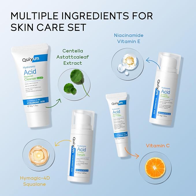 Skin Care Set, Hyaluronic Acid Travel Size Skincare Set W/ Low pH Cleanser, Moisturizer, Serum, Eye Cream, Toiletry Bag, Face Care Set Gift for Women Girls, Hydrating Anti Aging for Dry Skin