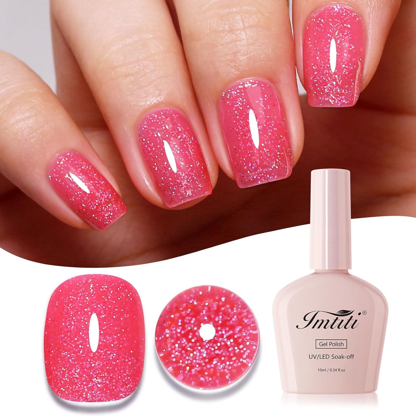 Imtiti Glitter Gel Nail Polish, Strawberry Pink Iridescent Glitter Gel Polish Diamond Shimmer Sparkle Soak Off UV LED Nail Gel Polish Autumn Winter Manicure 10ML
