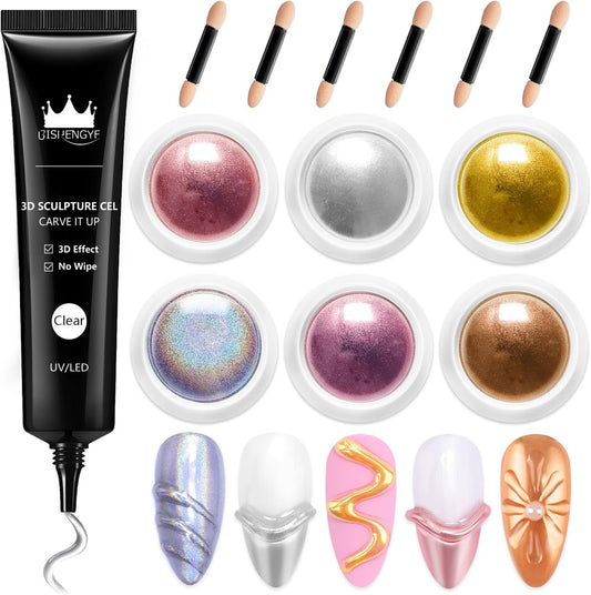 3D Nail Gel - Rose Gold Chrome Nail Powder 15g Clear 3D Sculpting Gel Non-Sticky Hand Hard Gel Carving Gel with Laser Copper Chrome Powder for Nail Art Home DIY