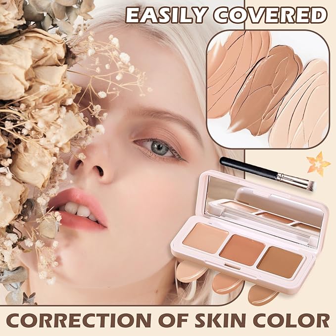 3 Colors Correcting Concealer Palette,Full Coverage Cream Contour Palette,Professional Contouring Foundation Long Wear Highlighting Concealer Contour Cream Makeup Palette with Brush