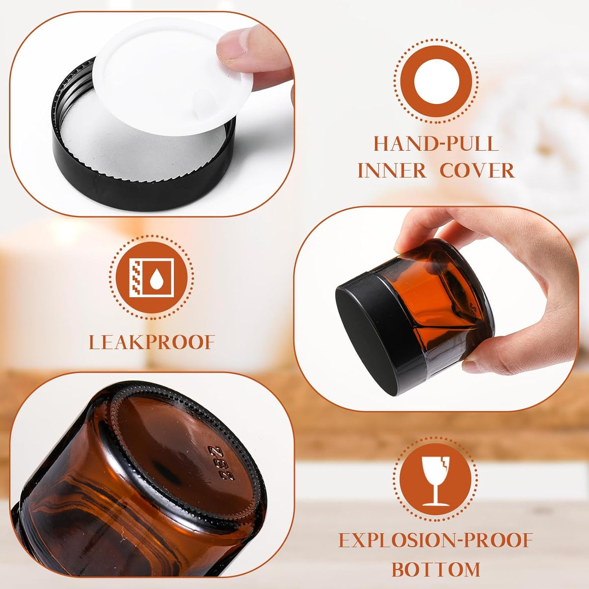 Domensi 72 Pcs 2 oz Glass Jars with Lids Travel Size Round Leakproof Empty Cosmetic Jars with Inner Liners Lid for Storing Makeup Lotions Face Cream Ointments Candle DIY Making (Amber)