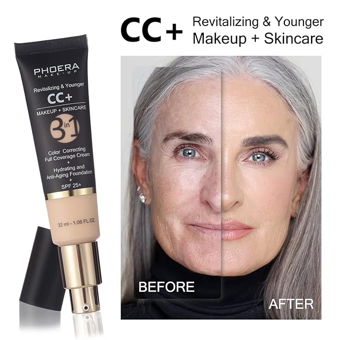 PHOERA Foundation, PHOERA CC+ Cream Color Correcting Anti Aging Hydrating Serum &SPF 25+, PHOERA Primer, PHOERA Makeup Set, Kabuki Makeup Brushes Foundation Brush Powder (105 Sand+ 160 Sand CC Cream)