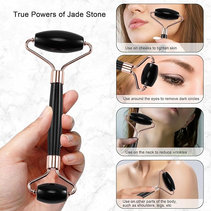 Jade Roller for Face, Facial Roller Massager Skin Care Tool, Gua Sha Facial Tools for Face, Neck, Eyes, Reduce Puffiness of The Skin (Black)