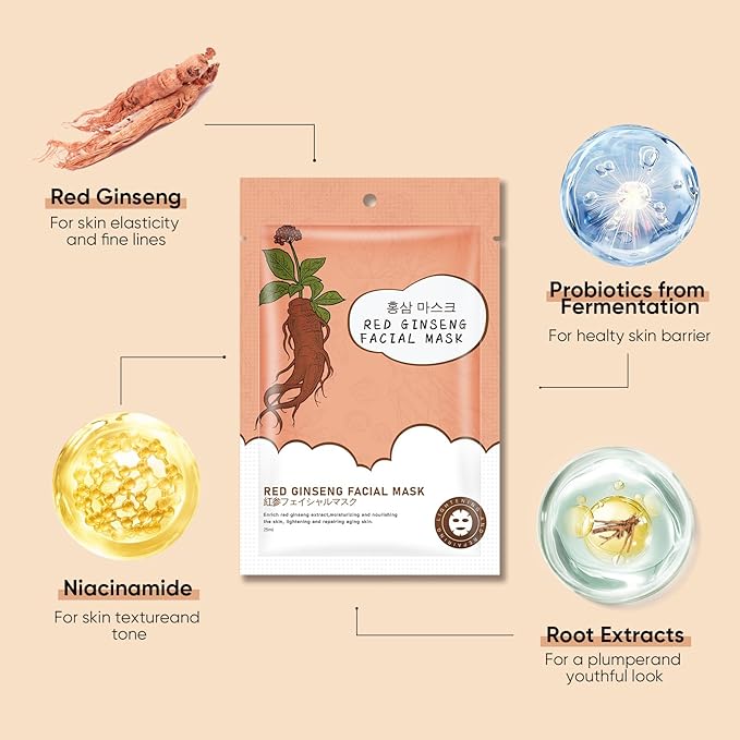 10Pack Sheet Face Masks Skincare for All Skin Types, Moisturizing Hydrating Face Masks Suitable for Sensitive Skin, Red Ginseng Face Masks for Wrinkles, Fine-Lines, Firmness and Elasticity
