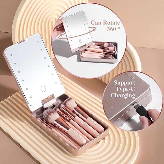 BS-MALL Makeup Brushes Foundation Powder Concealers Eye Shadows Makeup Set with LED light Mirror 14 Pcs Mini Makeup Brushes (APINK)