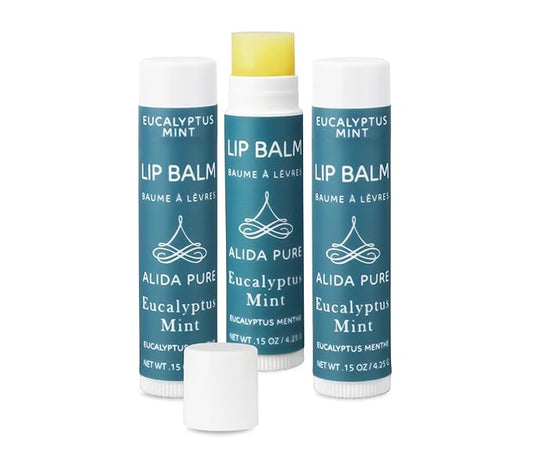 ALIDA PURE Eucalyptus Mint Lip Balm Collection, Vegan, Lip Balm, Beeswax Free, with Avocado Oil, Organic Jojoba Oil, and Vitamin E, Natural Moisturizer for Dry, Chapped Lips, 3 Tube Set