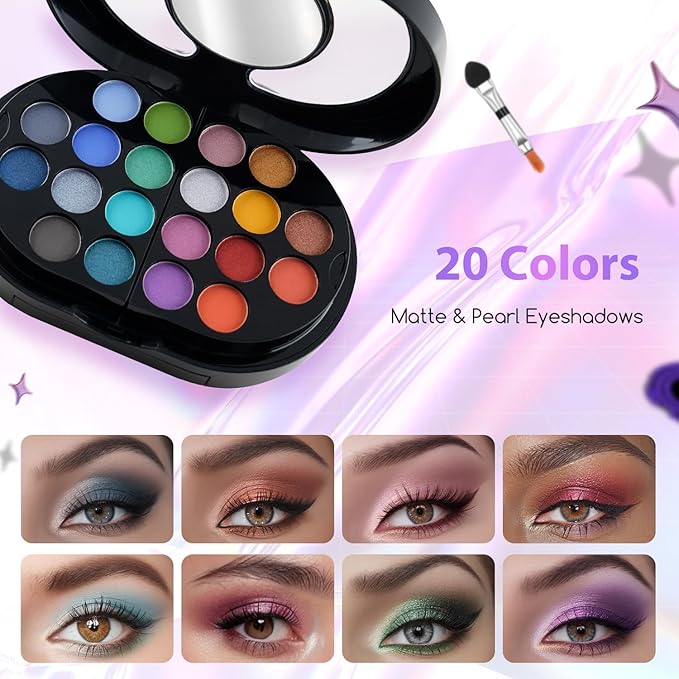 Color Nymph Travel Makeup Palette with Mulit-Colors Eyeshadows,Concealer, Body Glitter,Lip Glosses,Blush,Highlighter,Makeup Applicators And Mirror