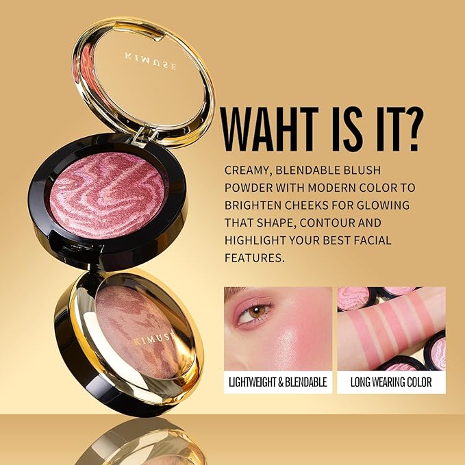 KIMUSE Baked Blush, Lighting Glow Marbleized Blush Powder Blush, Contour & Highlight Face for a Creamy Lightweight Natural Finish