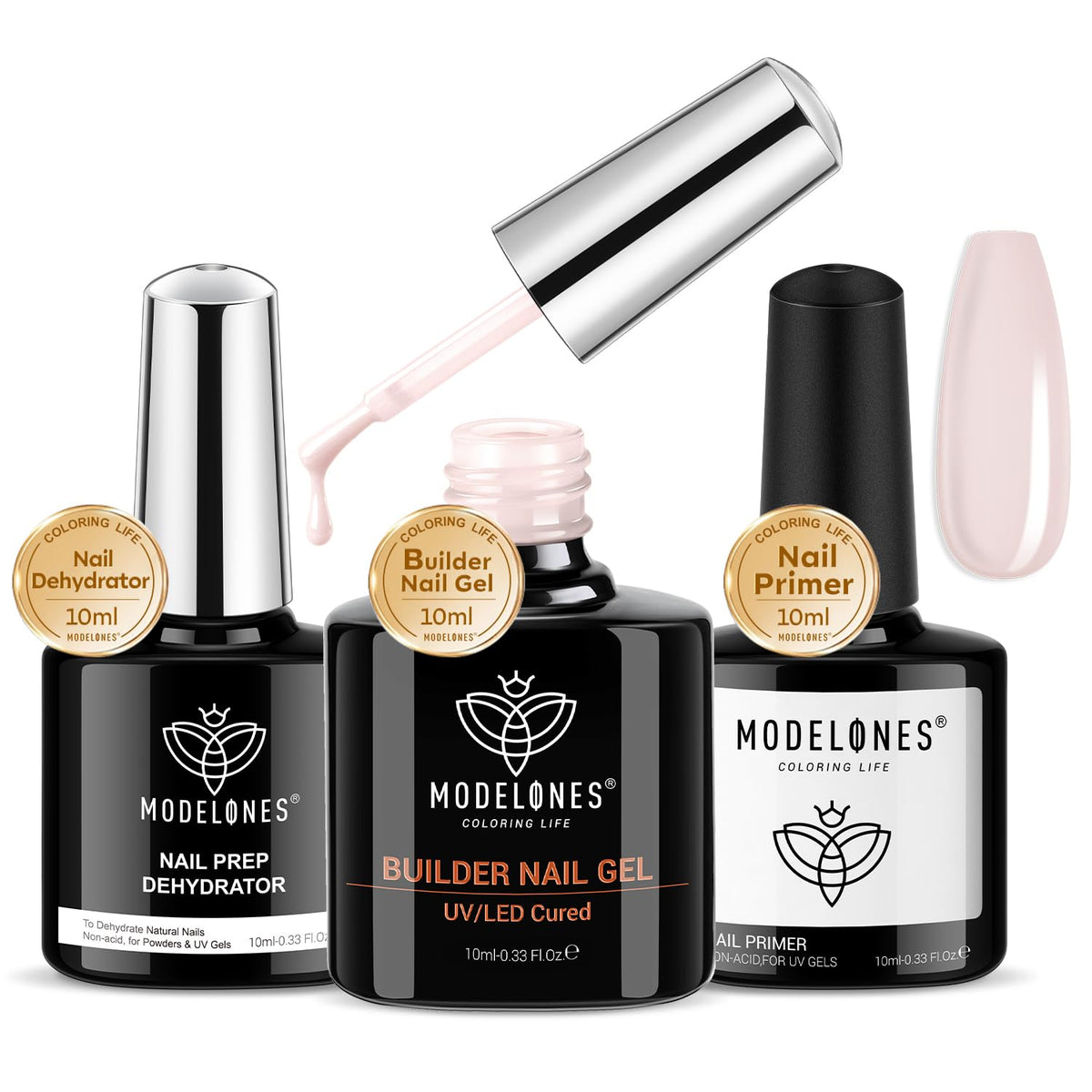 modelones Nail Dehydrator and Primer with Builder Nail Gel, 3Pcs Cover Nude Pink LED Gel Builder Polish Base Coat Prep Dehydrate & Bond Primer for Apex Building Thickening 10ml Home DIY Salon