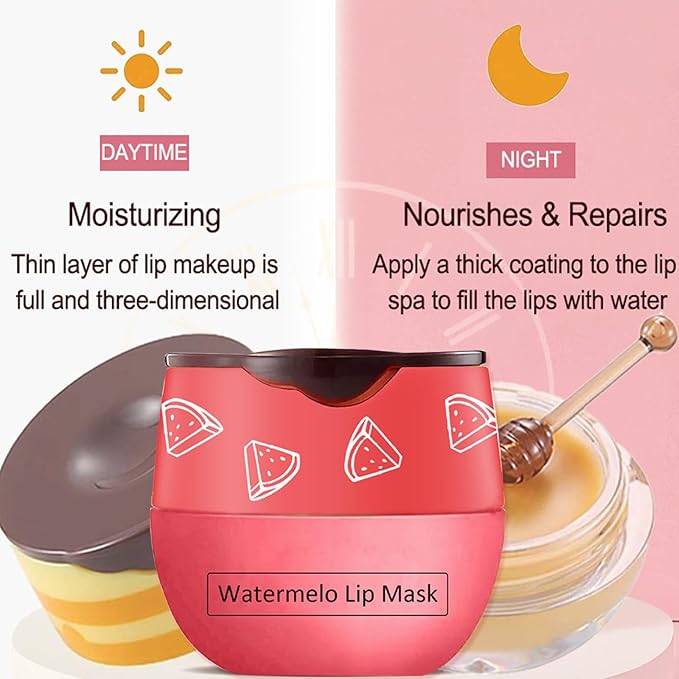 2 PCS Bee Lip Balm Honey Pot,Honey&Watermelon Lip Mask Overnight Moisturizing Prevention Dry and Cracked Lip Scrubs Exfoliator Lip Care,Lip Sleeping Mask Reduces Lip Lines