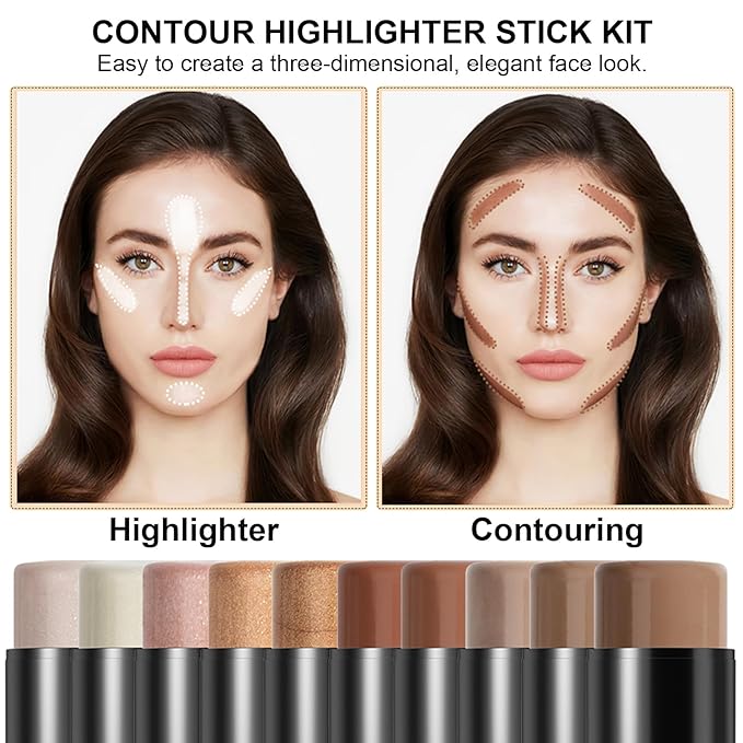 2Pcs Cream Contour Stick Makeup Kit, Cream Highlighter Stick and Bronzer Contour Stick with Longwear Waterproof Formula for Brightening and Trimming the Cheeks, Makeup Brush Include (#04, 07)