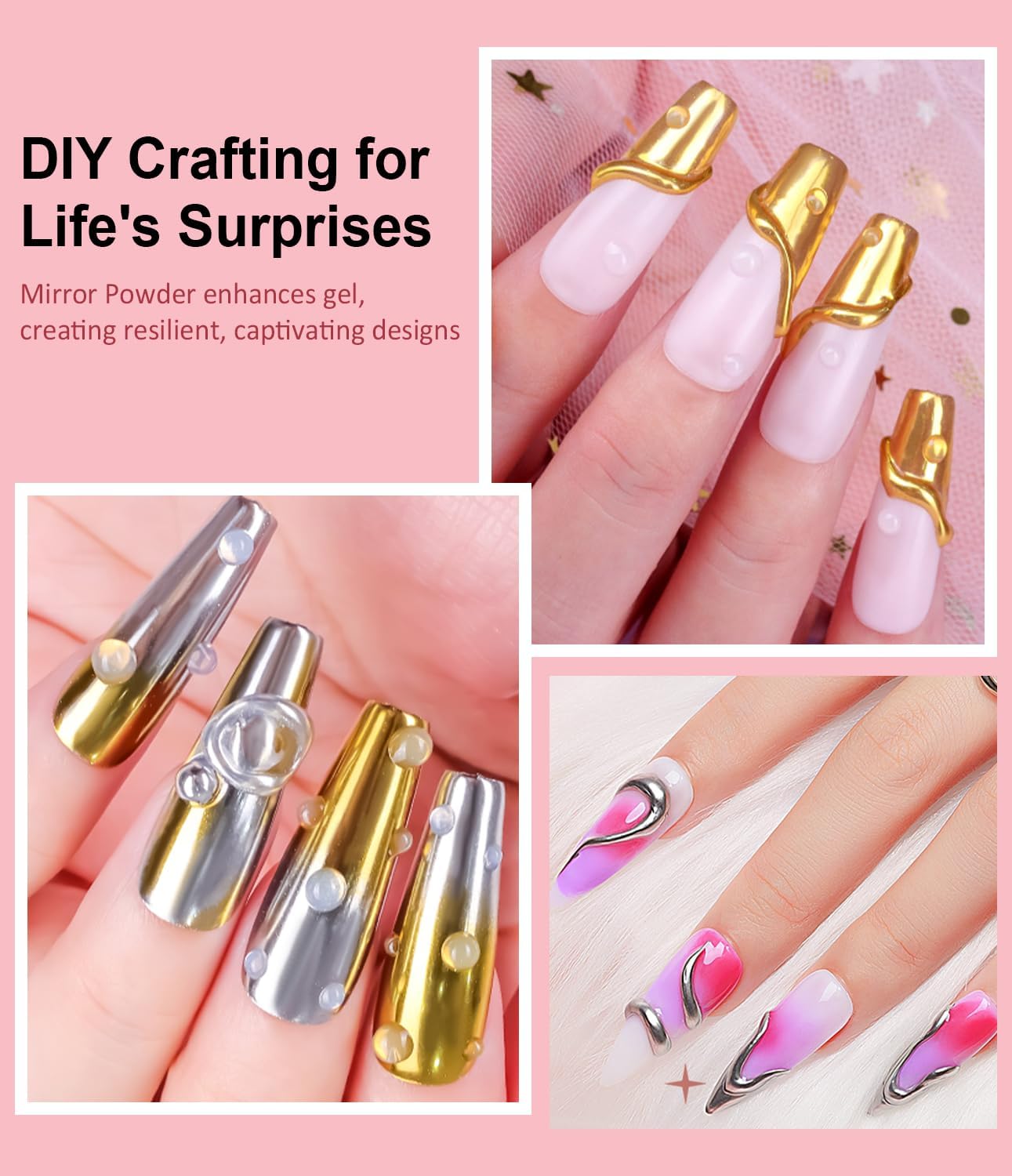 3D Gel Nail Art Design BISHENGYF - 15g Clear No Wipe Nail Polish Rhinestone Nail Art Glue with White Silver Chrome Powder Metallic Mermaid Effect Nail Powder for Nail DIY