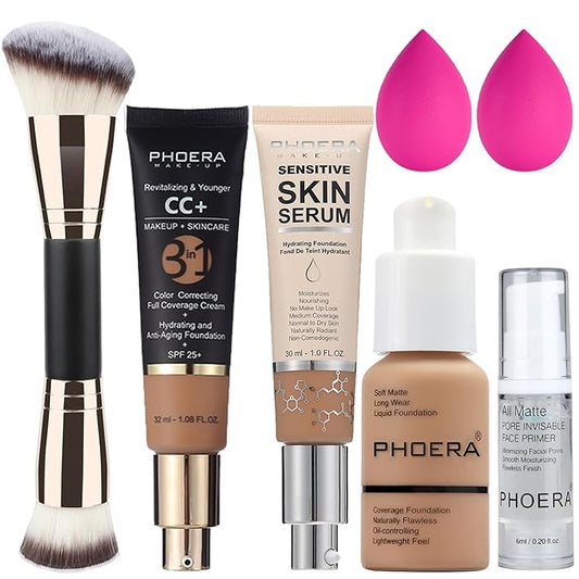 PHOERA Foundation, PHOERA Contour Palette,Shades with Highlighter & Bronzer & Blush,PHOERA Makeup Lightweight Long Lasting Wrinkles Matte Natural Finish (105+160CC+N04/ Sand+ Sand+Sand)