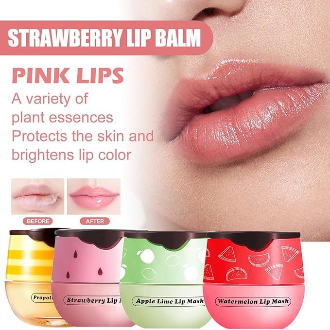 Honey Lip Balm Pot, 3 Pcs Honey & Strawberry & Watermelon Lip Mask Propolis Lip Mask Moisturizing Hydrating Prevention Dry and Cracked Lip Scrubs Exfoliator