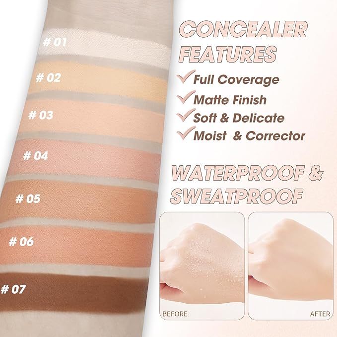 Cream Concealer Full Coverage Makeup, Matte Color Correcting Concealer with Brush, Waterproof, Conceals Blemish, Pores and Spots, Under Eye Makeup Concealer for Dark Circles (#07 DEEP)