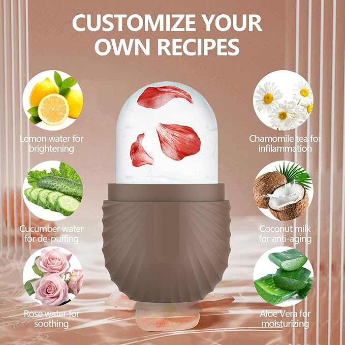 Ice Roller for Face and Eye, Silicone Ice Facial Roller Ice Holder, Face Ice Mold Skin Care, Face Icers Reusable Ice Cube Roller for Shrink Pores Anti Wrinkle Reduce Puffiness, Brown