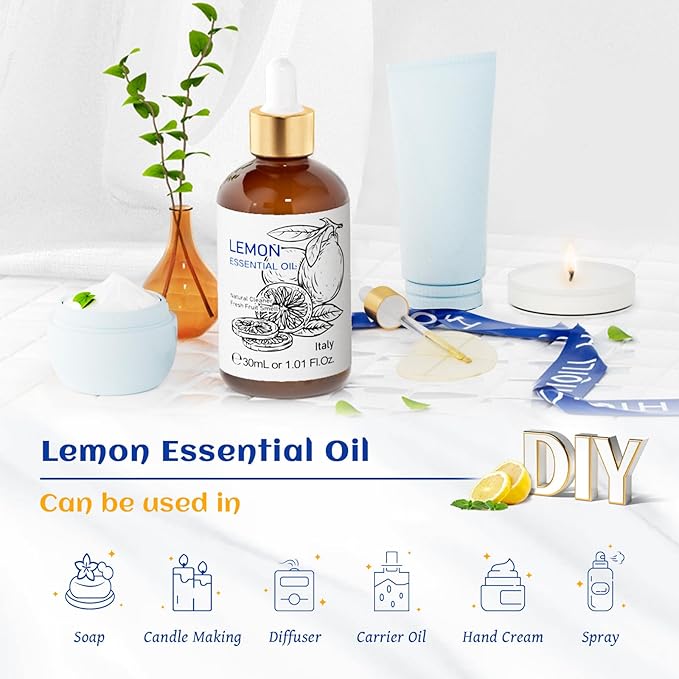 HIQILI Lemon Essential Oil, 100% Pure Undiluted for Cleaning, Skin, Diffuser - 1 Fl Oz/30ML