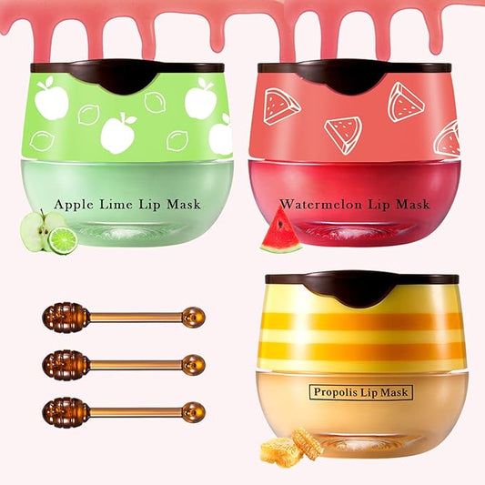 3PCS Bee Lip Balm Honey Pot Honey Watermelon Green Apple Lip Balm Lip Sleeping Mask Moisturizing Hydrating Bee Lip Balm Lip Care Products for All Skin Types (Honey Watermelon Green Apple)