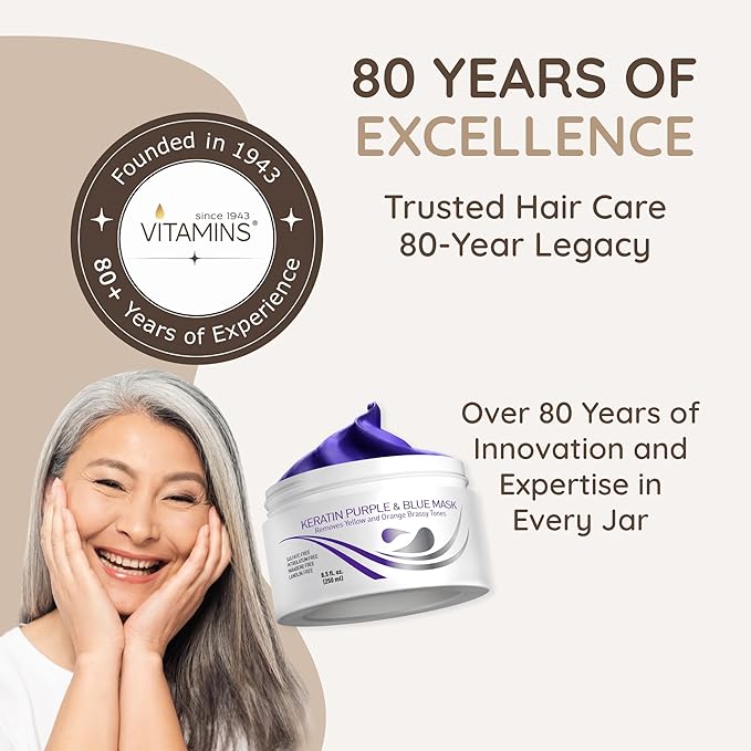 VITAMINS hair cosmetics Keratin Purple Hair Mask - Violet Blue Protein Deep Conditioner Treatment - Toner for Blonde Platinum Silver Gray Ash or Brown Colored Dry and Damaged Brassy Hair