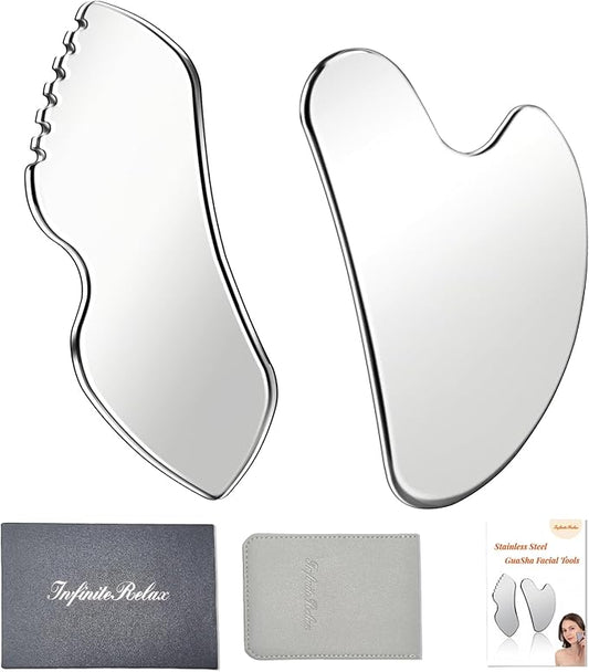 2Pcs Stainless Steel Gua Sha Facial Tools Set, Metal Face Comb Detail Skin Care Tools, Body and Face Gua Sha Sculpting for Tighten Skin Lymphatic Drainage