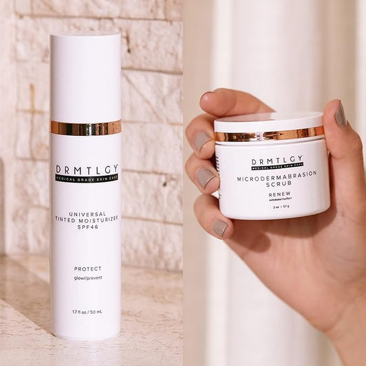 DRMTLGY Universal Tinted Moisturizer with SPF 46 & Microdermabrasion Facial Scrub Set - Universal Tinted SPF & Face Exfoliator 2 Pack