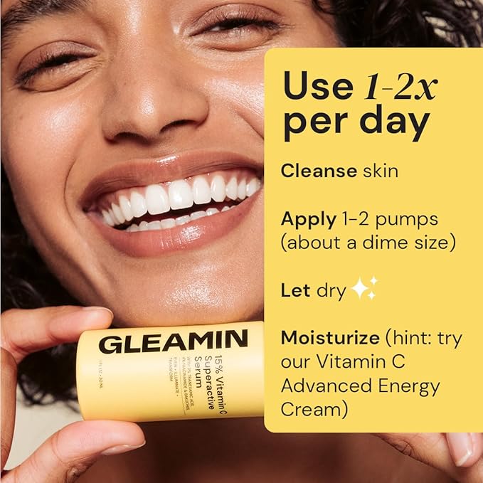 Gleamin Superactive Vitamin C Serum for Face with 15% Vitamin C, Niacinamide, Bakuchiol & Hyaluronic Acid – Skin Brightening Facial Serum for Women & Men – Dark Spot Remover & Radiant Glow – 1 fl oz
