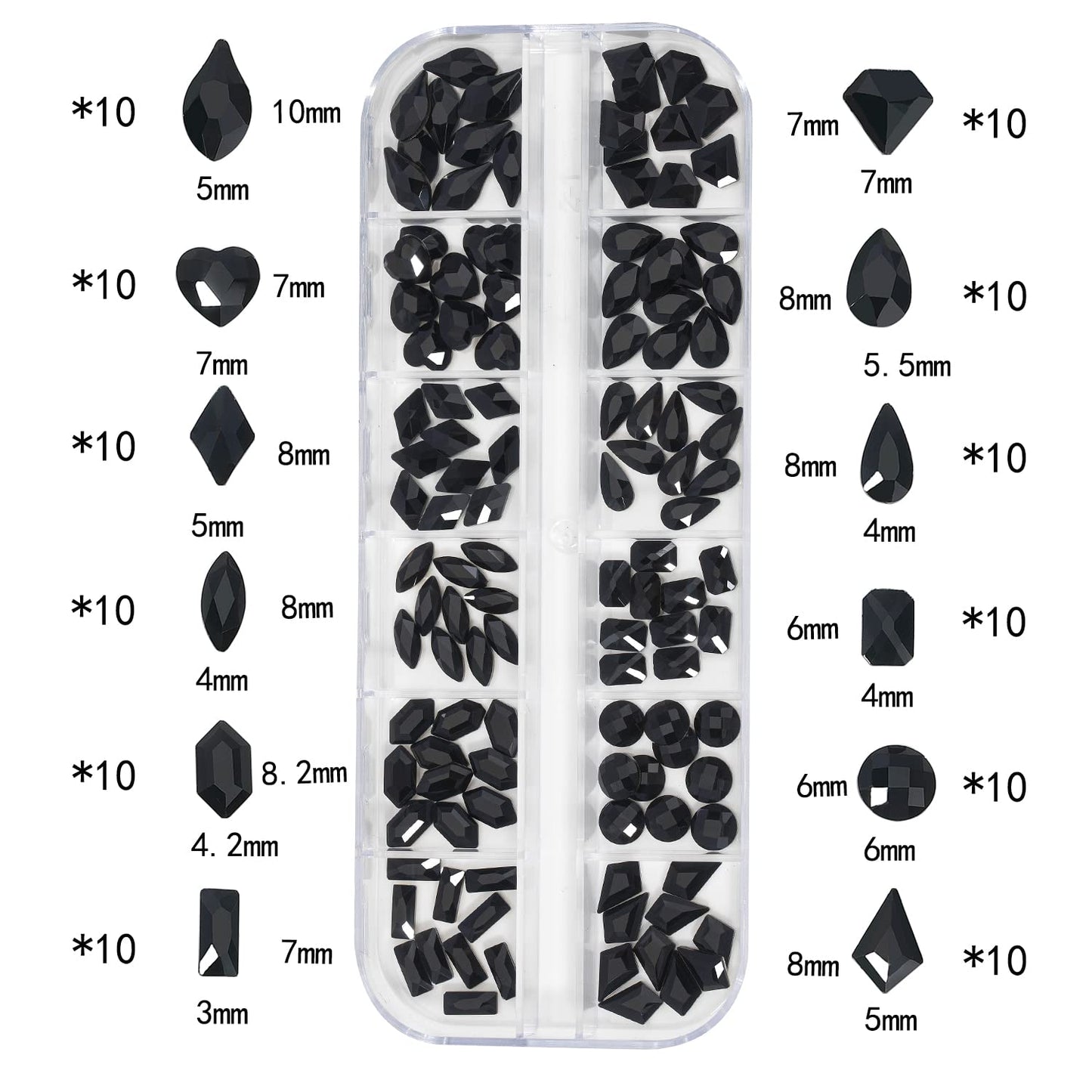 HNUIX Nail Rhinestones - 3D Multi Shape Size Crystal, Black Nail Gems, Flat Back, with Kit, for Nail Art, DIY Decorations