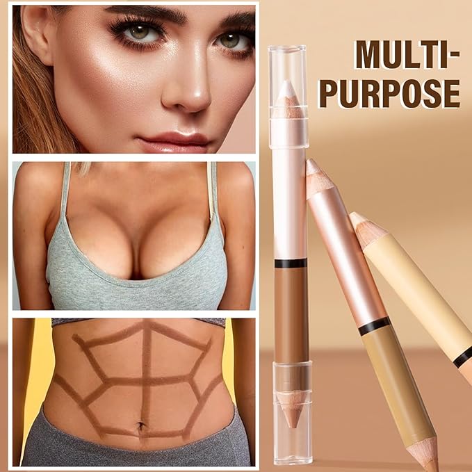 2 in 1 Cream Bronzer and Highlighter Stick,Cream Dual-Ended Highlight Contour Stick,Long Lasting & Waterproof Face Brighten Make up Pen