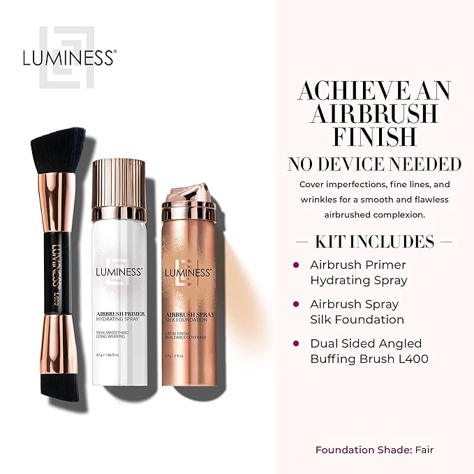 LUMINESS Airbrush Spray Silk Foundation Starter Kit - Fair - Foundation, Primer & Dual-Sided Angled Buffing Brush - Medium, Buildable Coverage, Anti-Aging Formula Hydrates & Moisturizes
