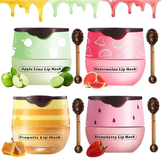 4PCS Lip Balm Honey Pot, Honey Pot Lip Balm for Dry Cracked Lips, Strawberry Lip Balm Scrubs Exfoliator & Moisturizer, Hydrating Lip Balm Honey Pot with Wand, Lip Sleeping Mask (4pcs)