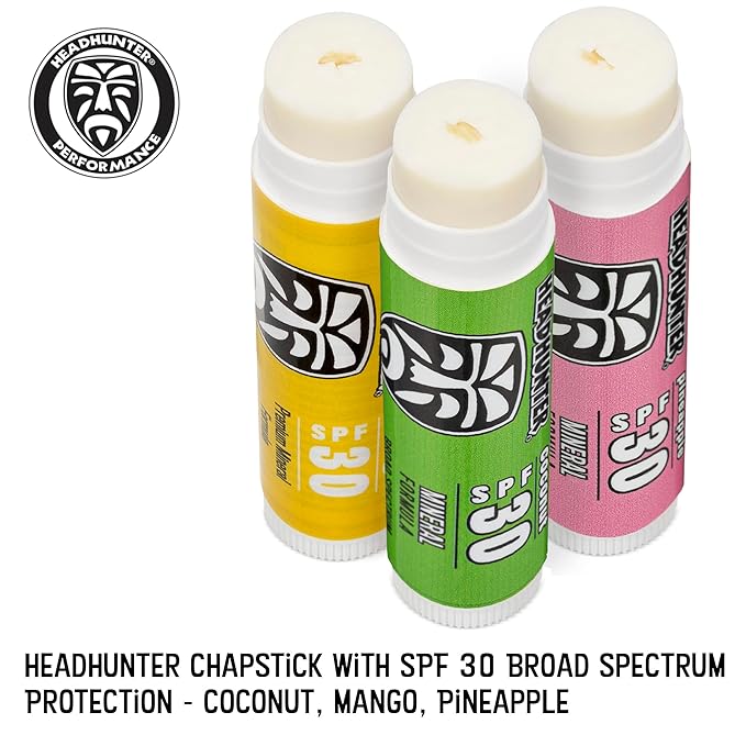 Headhunter Sport Chapstick Sunscreen SPF 30, Natural Mineral Waterproof Lip Balm For Sun Protection, Ultra Solar Defense - Reef Safe Sunblock Chap Stick, 3 Flavors - Coconut, Pineapple, Mango (6 Pack)