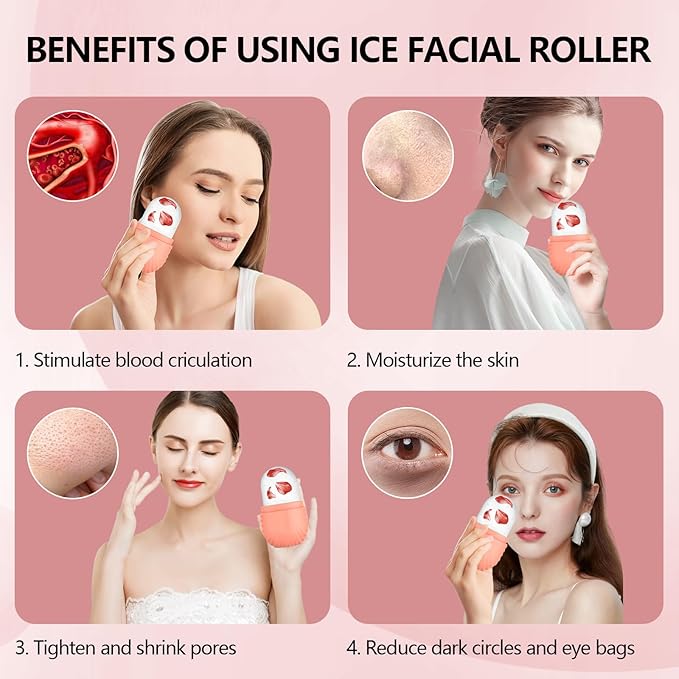 Ice Roller for Face and Eye, Silicone Ice Facial Roller Ice Holder, Face Ice Mold Skin Care, Face Icers Reusable Ice Cube Roller for Shrink Pores Anti Wrinkle Reduce Puffiness, Pink