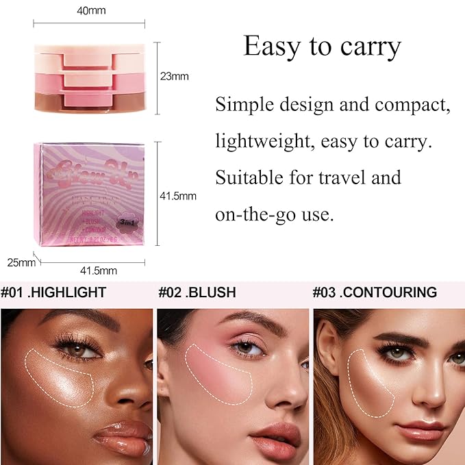 3-in-1 Blendable Trio, Contour and Highlight Blush Makeup Palette, Cream Bronzer, Silky Smooth Powder Blush, Shimmer Highlighter Makeup Powder, Pink Brown Eyeshadow Palette with Mirror(03)