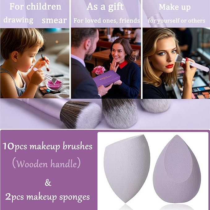 Gift Ready 10 Piece Purple Makeup Brushes Set and 2 Piece Makeup Sponge – Wooden Handle with Soft Synthetic Bristles, Concealer, Powder – (Ideal for Christmas, Birthday, Women)