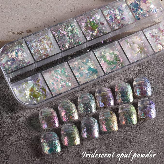 Holographic Iridescent Nail Art Nail Glitter KALEFUL Powder Aurora Foil Sequins Flakes Paillettes Designs Manicure Nail Decorations - 12 Grids