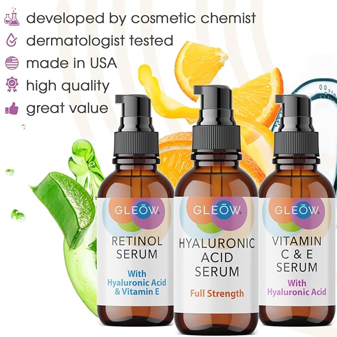 Retinol Serum for Face, Vitamin C with Hyaluronic Acid Face Serum for Women and Men, Glow Skin Care Set Total Package Targets Appearance of Uneven Skin Tone and Dryness 3x1oz