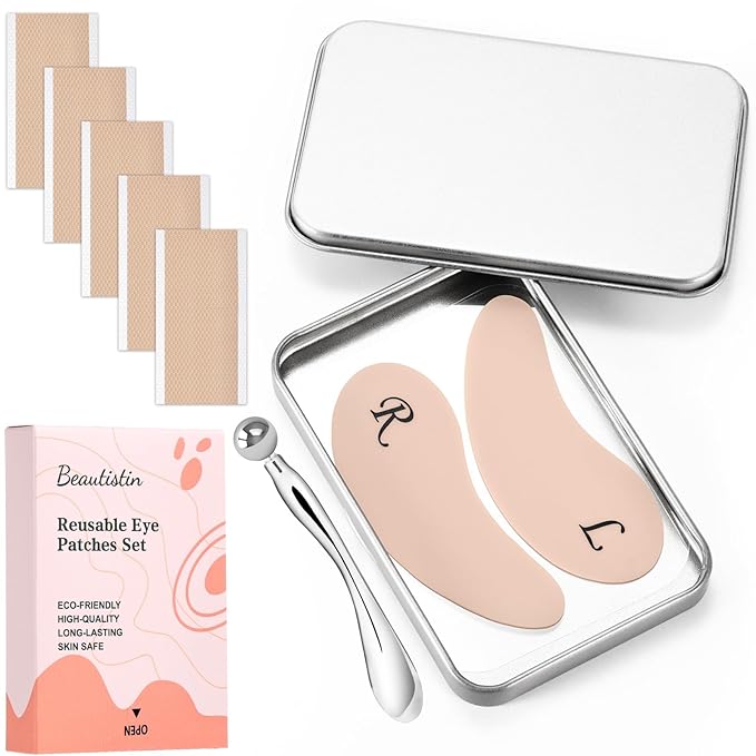 Under Eye Patches Silicone - Reusable Eye Patches + Silicone Fixing Tape Cuttable, Eye Wrinkle Patches, Reusable Eye Mask, Plump Fine Lines & Wrinkles, Eye Cream Applicator + Tin Case
