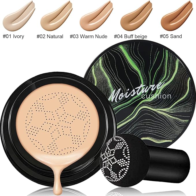 PHOERA Foundation,Mushroom Head Air Cushion CC Cream Natural Foundation,PHOERA Makeup Foundation Full Coverage,Phoera Face Primer, Foundation Brush (104 Buff Beige +04 Buff Beige CC)