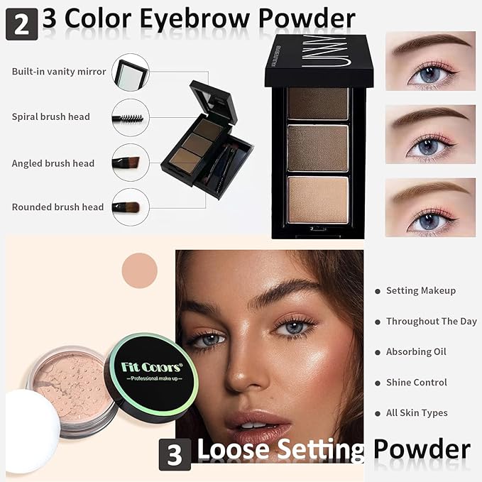 All In One Makeup Essential Starter Kit for Beginners or Pros, 18 Colors Naked Eyeshadow Palette Nude Face Primer, Brush, Sponge, Eyebrow Powder, Winged Eyeliner Stamp (SetA)
